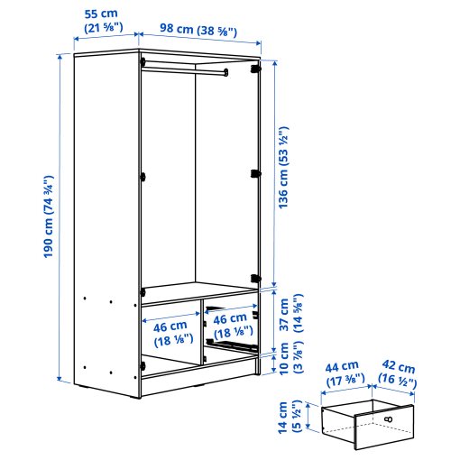 VILHATTEN, wardrobe with 2 doors and 2 drawers, 98x57x190 cm, 705.306.09