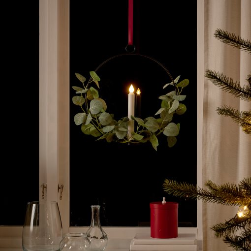 STRÅLA, κηροπήγιο με ενσωματωμένο φωτισμό LED/τεχνητό φυτό ευκάλυπτος/λειτουργία με μπαταρία, 36 cm, 705.630.63