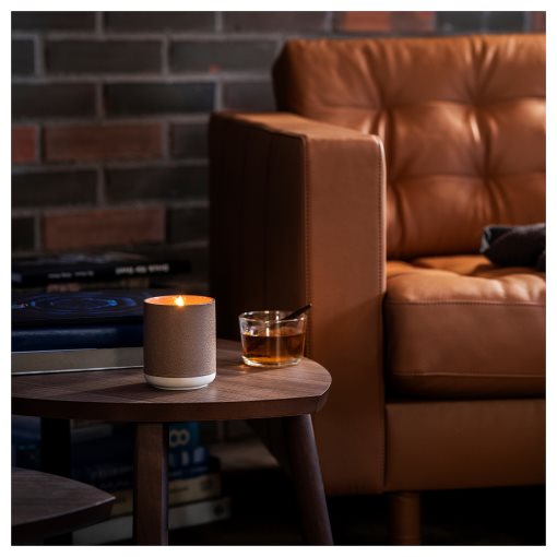 SILKESTRÄD, scented candle in ceramic jar/leather & vanilla, 45 hr, 705.703.94