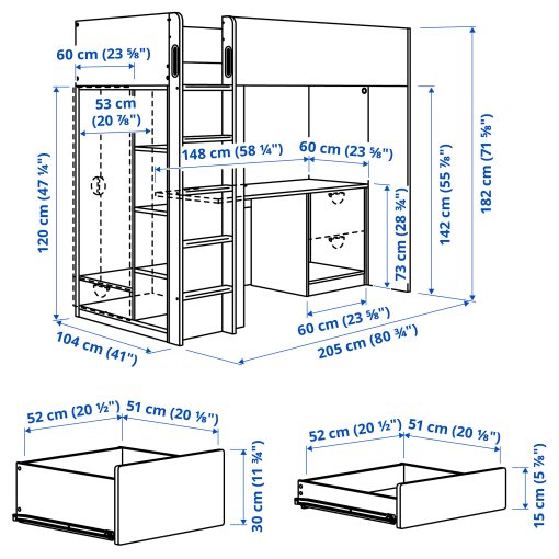 SMÅSTAD, loft bed with desk with 3 drawers, 90x200 cm, 895.420.23