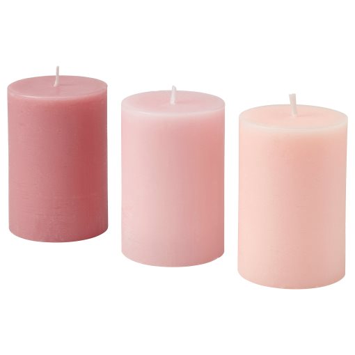 LOTSFÅGEL, scented pillar candle 3 pack/Pink flowers, 30 hr, 906.087.58
