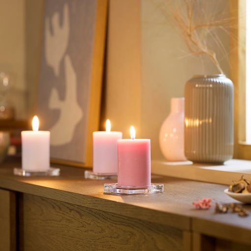 LOTSFÅGEL, scented pillar candle 3 pack/Pink flowers, 30 hr, 906.087.58