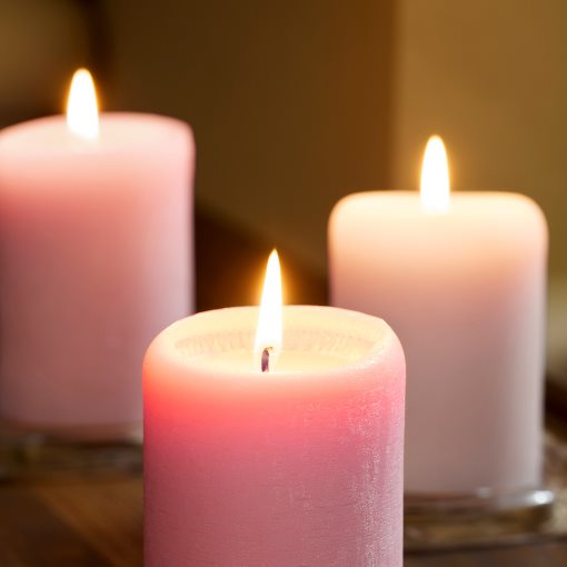 LOTSFÅGEL, scented pillar candle 3 pack/Pink flowers, 30 hr, 906.087.58