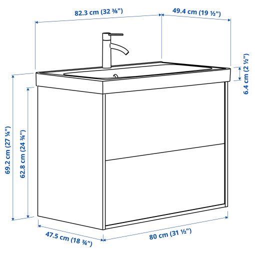 HAVBACK/ORRSJON, wash-stand with drawers/wash-basin/tap, 82x49x69 cm, 995.210.96