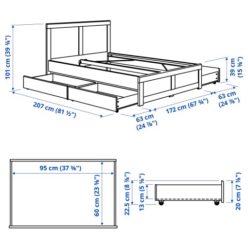 FÅGELFJÄLLET, bed frame with 4 storage boxes, 160x200 cm, 996.309.10