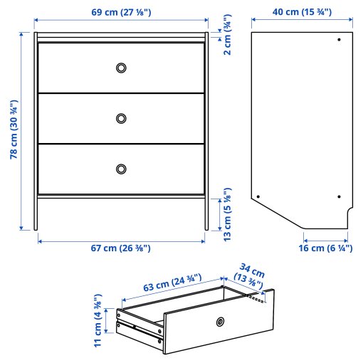 RACKNAS, συρταριέρα με 3 συρτάρια/επίτοιχη, 69x78 cm, 105.945.24
