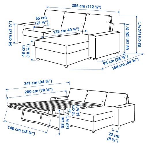 VIMLE, 3-seat sofa-bed with wide armrests and chaise longue, 295.452.13