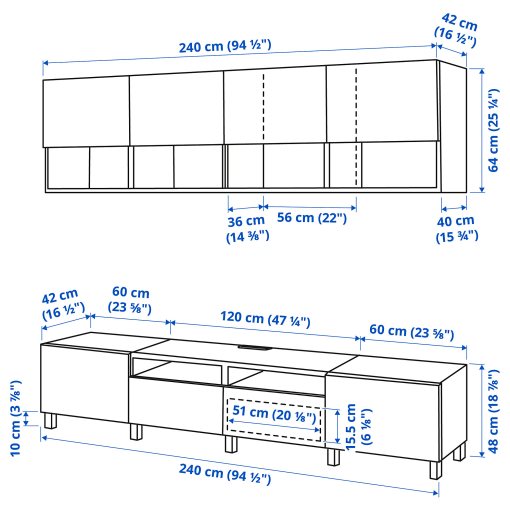 BESTÅ, TV storage combination/doors/drawers push open, 240x42x230 cm, 694.119.52
