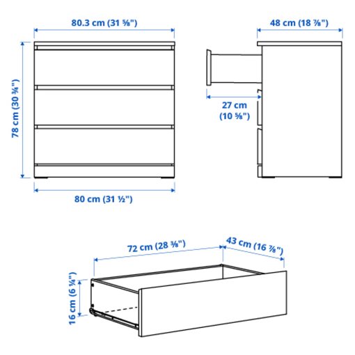 MALM, συρταριέρα με 3 συρτάρια/γυαλιστερό, 80x78 cm, 704.240.53