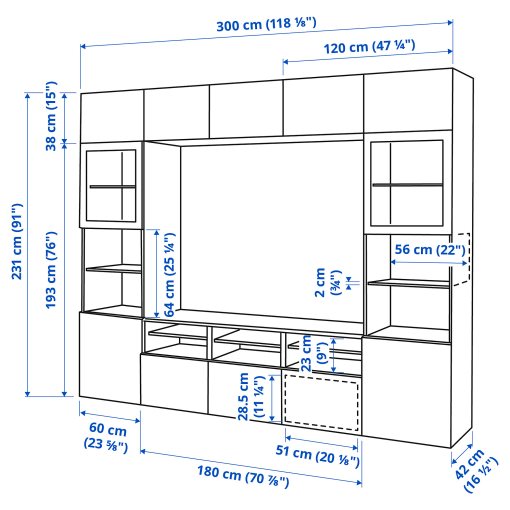 BESTÅ, TV storage combination/glass doors/drawers soft closing, 300x42x231 cm, 994.110.31