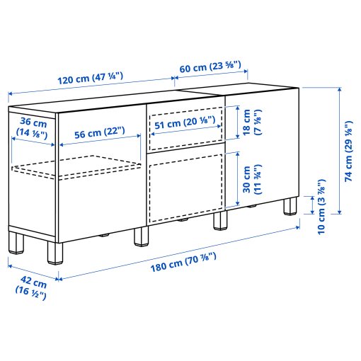 BESTÅ, storage combination with drawers soft-closing, 180x42x74 cm, 291.956.53