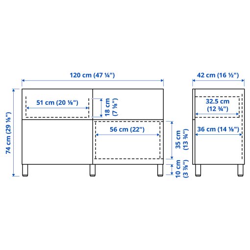 BESTÅ, storage combination with doors/drawers soft-closing, 120x42x74 cm, 391.953.08