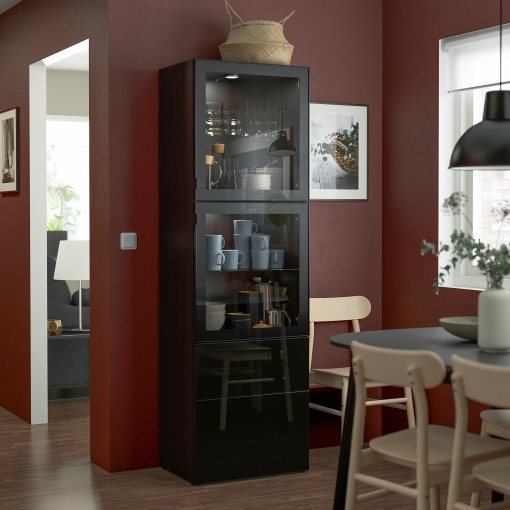 BESTÅ, storage combination with glass doors/drawers soft closing, 60x42x193 cm, 693.011.09