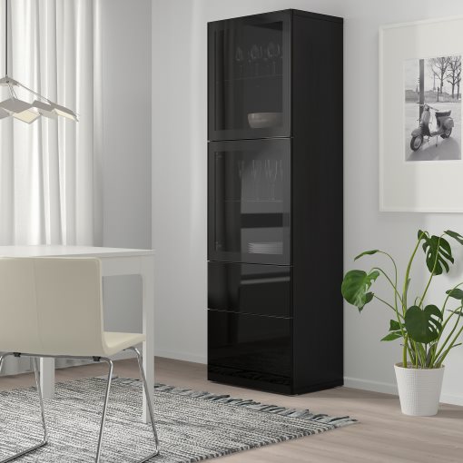 BESTÅ, storage combination with glass doors/drawers soft closing, 60x42x193 cm, 693.011.09