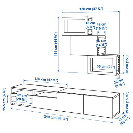 BESTÅ, TV storage combination/glass doors/drawers push open, 240x42x190 cm, 694.112.97