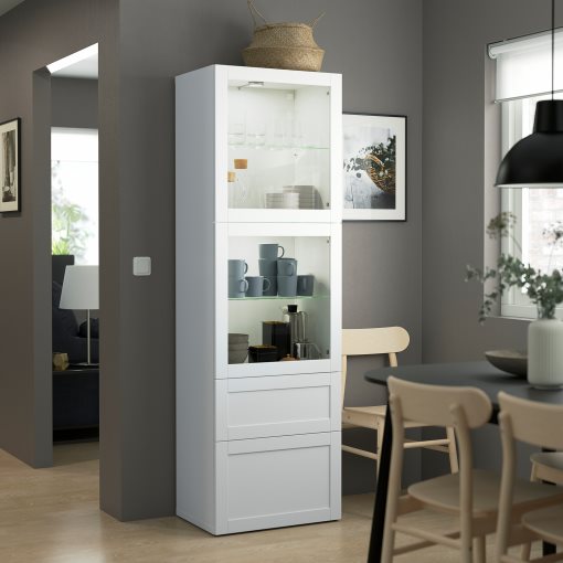 BESTÅ, storage combination with glass doors/drawers soft closing, 60x42x193 cm, 293.008.71