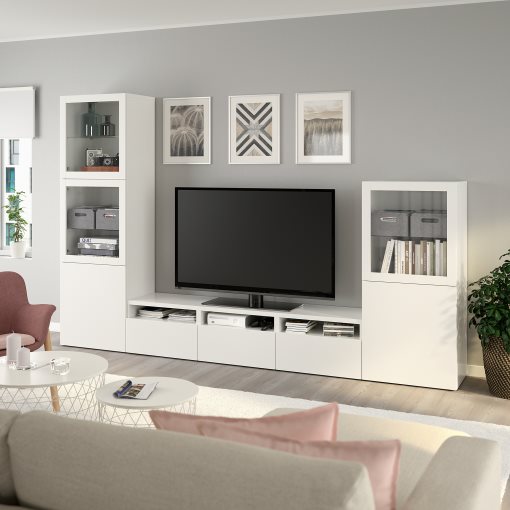 BESTÅ, σύνθεση αποθήκευσης TV/γυάλινες πόρτες/συρτάρια ανοίγματος με πίεση, 300x42x193 cm, 694.063.85