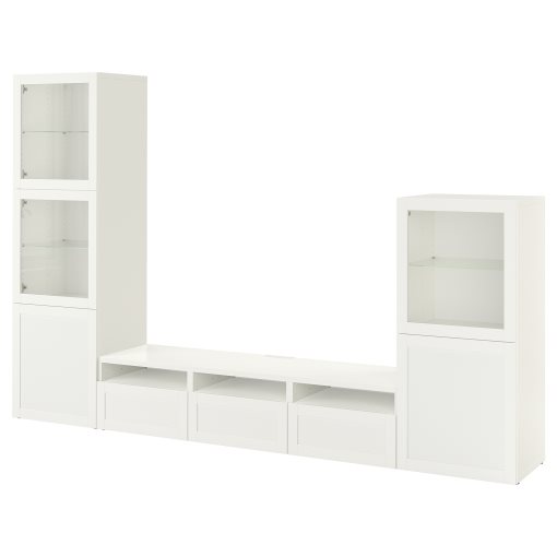 BESTÅ, σύνθεση αποθήκευσης TV/γυάλινες πόρτες/συρτάρια ανοίγματος με πίεση, 300x42x193 cm, 994.063.84