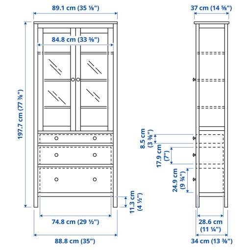 HEMNES, glass-door cabinet with 3 drawers, 90x197 cm, 005.961.61