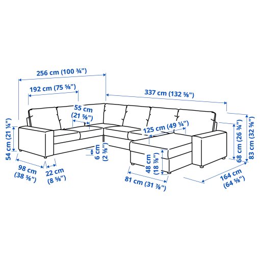 VIMLE, γωνιακός καναπές, 5θέσεων με σεζλόνγκ με πλατιά μπράτσα, 094.018.28