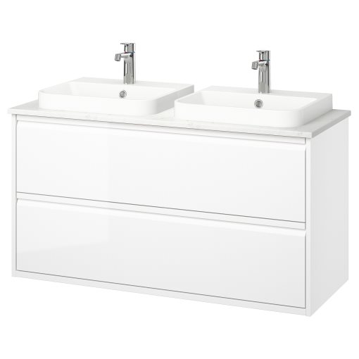 ANGSJON/BACKSJON, wash-stand with drawers/wash-basin/taps/high-gloss, 122x49x71 cm, 095.216.23