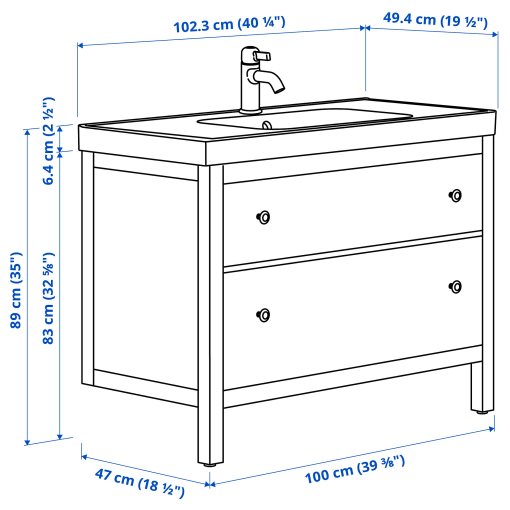 HEMNES/ORRSJON, βάση νιπτήρα με συρτάρια/νιπτήρα/μπαταρία, 102x49x89 cm, 095.468.07