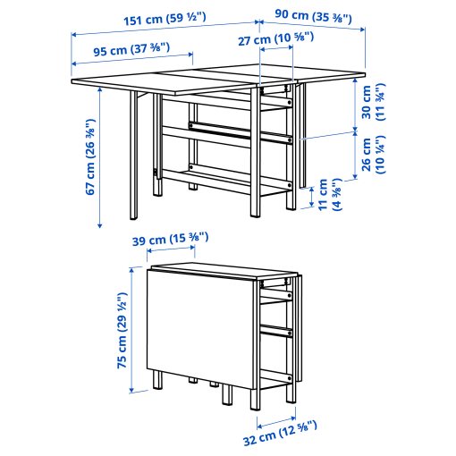 VIHALS, gateleg table and 2 folding chairs, 39/95/151x90 cm, 095.902.54
