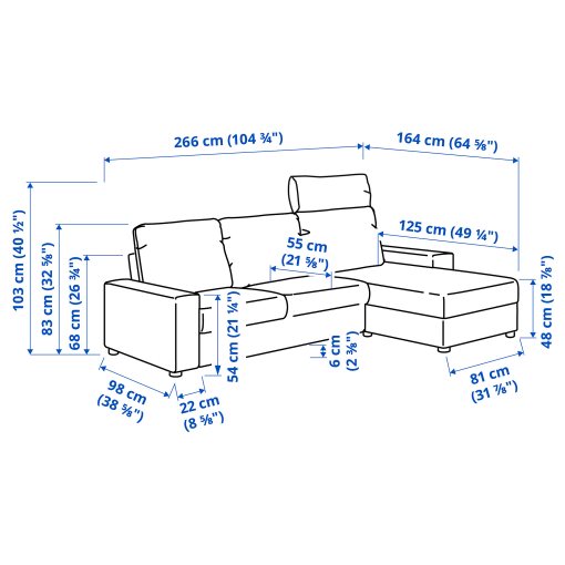 VIMLE, τριθέσιος καναπές με σεζλόνγκ με κεφαλάρι με πλατιά μπράτσα, 194.017.62