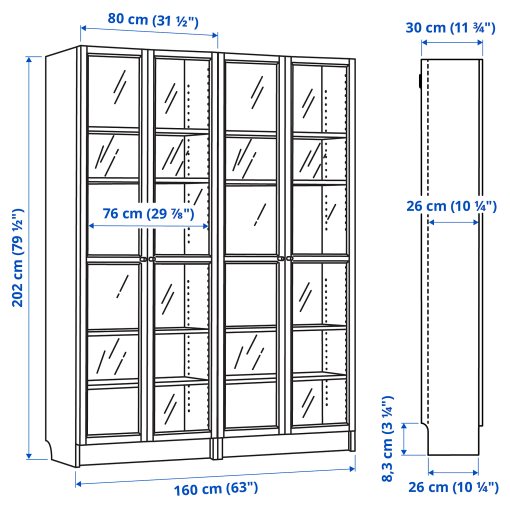 BILLY/OXBERG, σύνθεση βιβλιοθήκης με γυάλινες πόρτες, 160x202 cm, 394.835.30