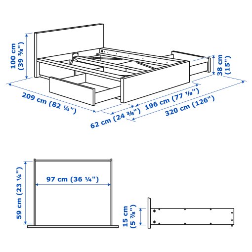 MALM, bed frame/high with 4 storage boxes, 180X200 cm, 490.274.23