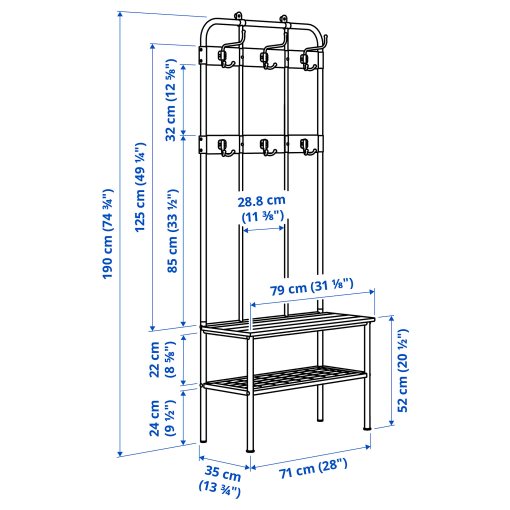 NIPÅSEN, coat rack and bench with shoe storage, 190x35x79 cm, 505.861.45