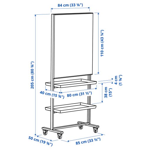 MITTZON, frame with castors/whiteboard/display shelf/cable box, 85x205 cm, 595.146.82