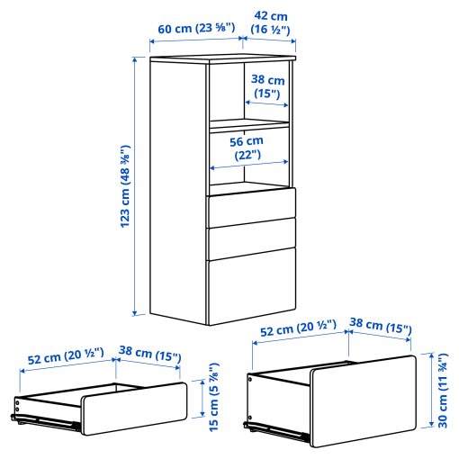 SMASTAD/PLATSA, bookcase with 3 drawers, 60x42x123 cm, 695.439.24