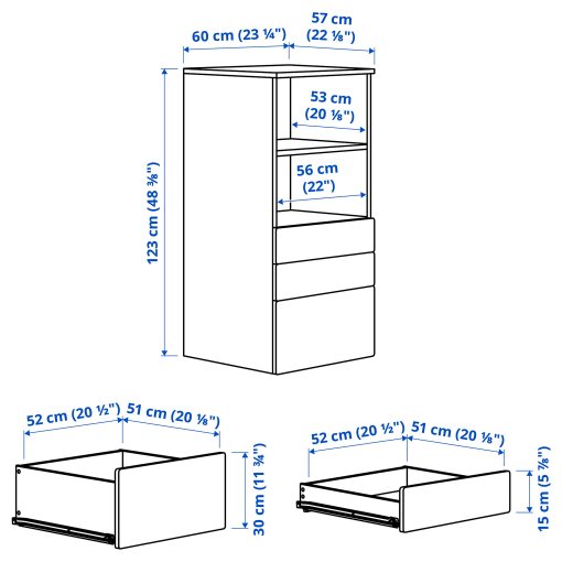 SMASTAD/PLATSA, bookcase with 3 drawers, 60x57x123 cm, 695.446.69