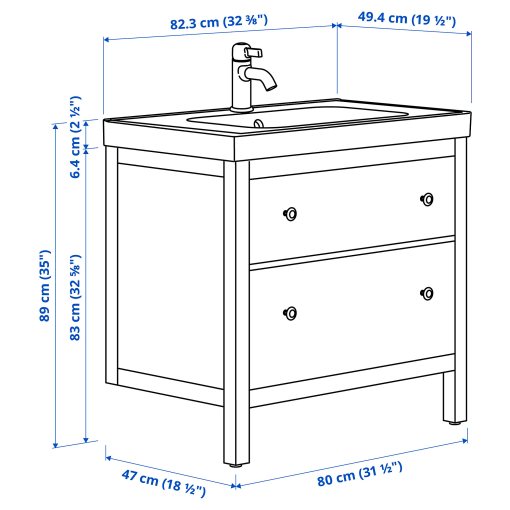 HEMNES/ORRSJON, βάση νιπτήρα με συρτάρια/νιπτήρα/μπαταρία, 82x49x89 cm, 695.467.91