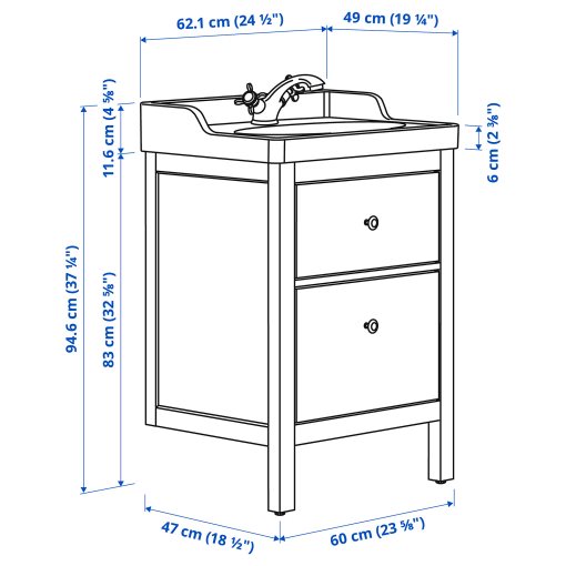 HEMNES/RUTSJON, βάση νιπτήρα με συρτάρια/νιπτήρα/μπαταρία, 62x49x95 cm, 695.599.91