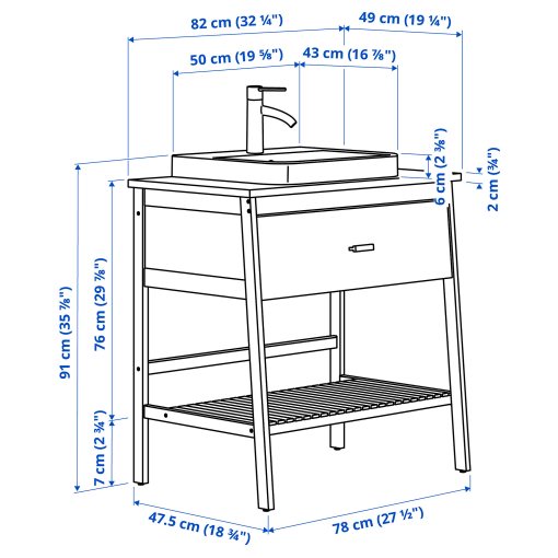 RÅGRUND/BACKSJÖ, open wash-stand with drawer/wash-basin/tap, 82x49x91 cm, 696.019.66