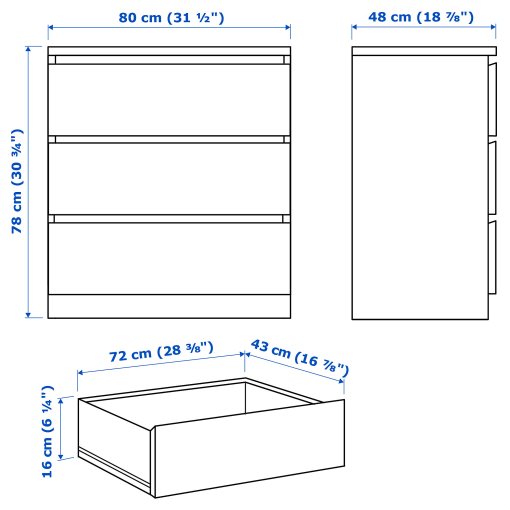 MALM, συρταριέρα με 3 συρτάρια/γυαλιστερό, 80x78 cm, 704.240.53
