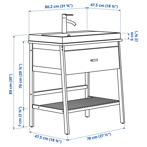 RÅGRUND/BACKSJÖ, open wash-stand with drawer/wash-basin/tap, 80x48x89 cm, 795.998.83