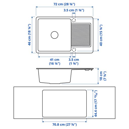 KILSVIKEN, inset sink 1 bowl with drainboard, 72x46 cm, 893.370.27
