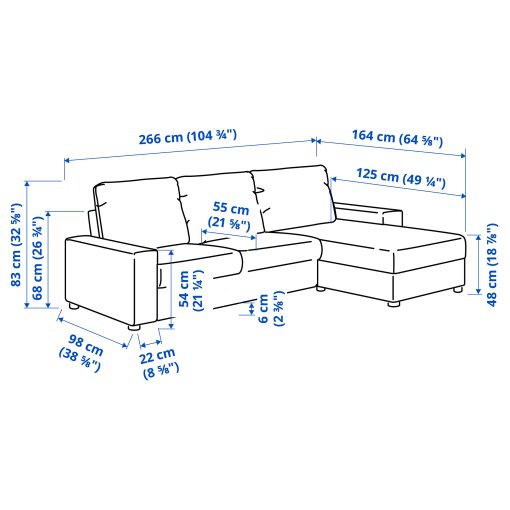 VIMLE, τριθέσιος καναπές με σεζλόνγκ με πλατιά μπράτσα, 994.012.92