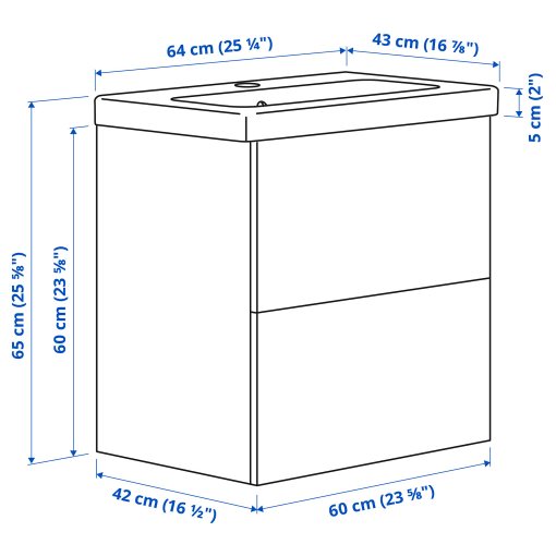 ENHET/TVALLEN, έπιπλο νιπτήρα με συρτάρια/νιπτήρα, 64x43x65 cm, 996.236.22