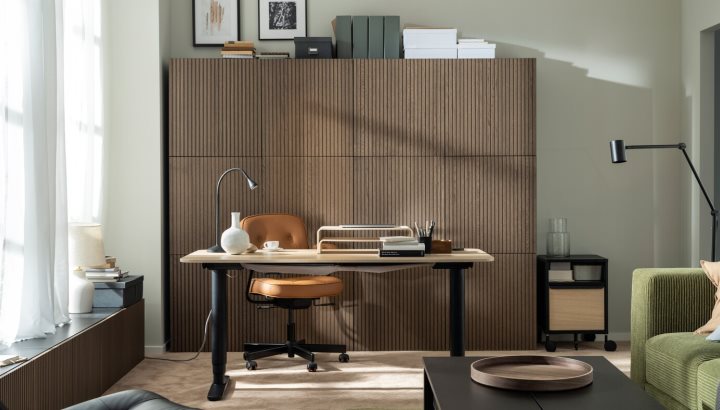 A coordinated, brown-wood dream home workspace