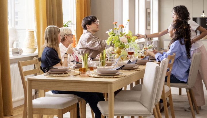 Organised and integrated dining area with open floor plan creates a shared space with flexible flow